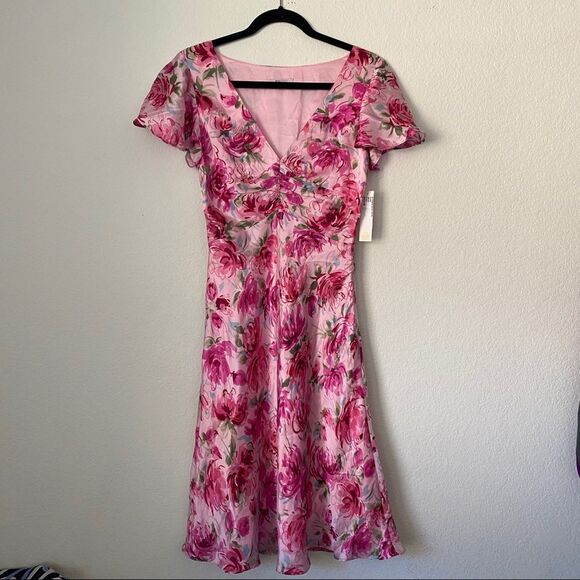 NWT Vintage Janestreet Pink Floral Silky Peonies Valentines Dress sz XS - Picture 1 of 8